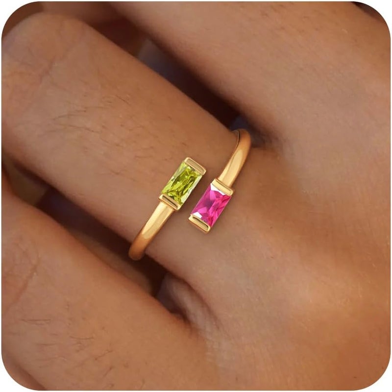 Honsny Gold Birthstone Rings for Women Non Tarnish 14K Gold Plated Adjustable Emerald Ring Cubic Zirconia Gemstone Promise Ring for Her Engagement Personalized Waterproof Jewelry Gifts for Birthday - Image 1